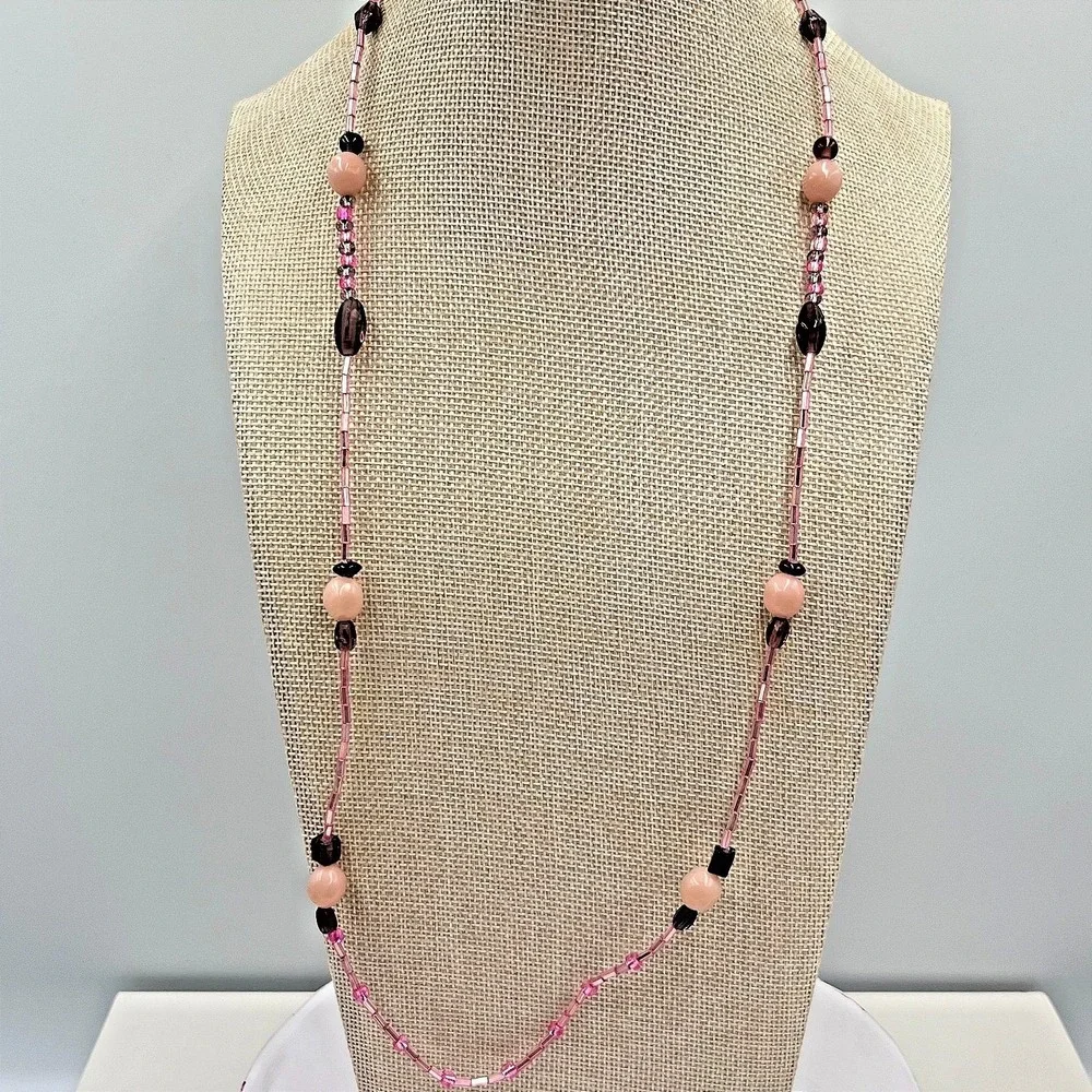 Vintage Y2K Pink & Purple Beaded Long Strand Necklace Retro Boho Chic Classic